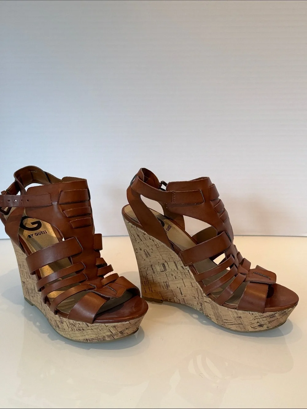G by Guess Brown Strappy Cork Wedge Sandals with Ankle Buckle